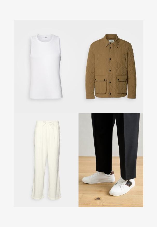 Quiltet jakke i mørk beige, med spiss krage, sorte trykknapper og fire lommer med kontrasterende søm. Myk, teksturert stoff.; Hvit ermeløs topp laget av glatt stoff, med rund hals og tettsittende silhuett, egnet for lag-på-lag eller som en selvstendig plagg.; Linstanter i off-white med drawstring midje, lett vide ben og rullede ermer for en avslappet passform. Ingen lommer.; Hvite sneakers med glatt tekstur, med brune skinnakenter og svart detaljer, parret med svarte skreddersydde bukser. Bakgrunn med tregulv.