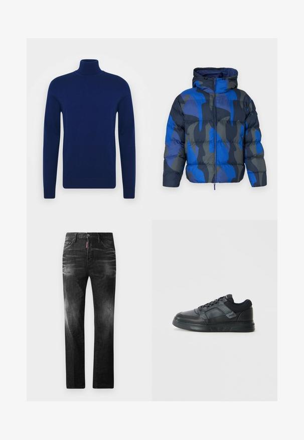 Padded jacket with a hood, featuring a blue and gray abstract pattern. Made of shiny, lightweight material, with a front zipper and elastic cuffs.; Navy blue turtleneck sweater made of smooth knit fabric. Long sleeves and fitted design with ribbed accents at the collar and hem.; Black denim jeans with a straight fit. Features faded areas, minor distressing, classic five-pocket design, and a button closure.; Black sneakers featuring a smooth leather upper, mesh accents, perforated details, and a textured rubber sole with a low profile design.