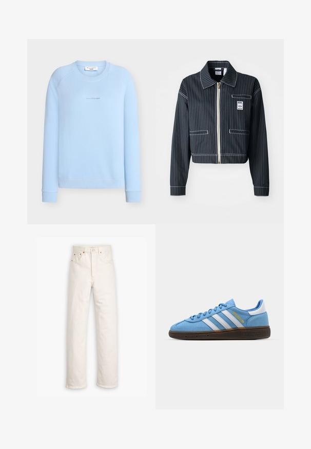 Čierna skrátená bunda s bielymi pásikmi, so zipsom vpredu, s špicatým golierom, jednou náprsníkou a logom. Vyrobená z textúrovanej tkaniny.; Svetlomodrá mikina s okrúhlym výstrihom, rebrovanými manžetami a spodným lemom. V strede sa nachádza jemné logo. Vyrobená z mäkkej látky.; Biele džínsy z denimu so stright-leg strihom, päť-vreckovým štýlom a medenými kovovými doplnkami. Nerovný lem na členkoch.; Svetlomodré semišové tenisky s bielymi koženými pruhmi, hnedou štruktúrovanou podrážkou a zlatým logom. Nízky strih s okrúhlou špičkou.