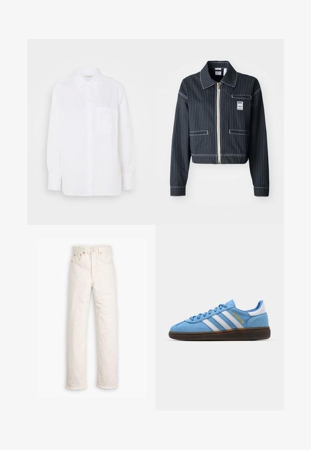 Czarna krótka kurtka z białymi prążkami, z zapięciem na zamek, z wyłogowym kołnierzem, jedną kieszenią na piersi oraz metką z logo. Wykonana z teksturowanej tkaniny.; Biała koszula zapinana na guziki, wykonana z lekkiego materiału, z kołnierzykiem, długimi rękawami i jedną kieszonką na piersi. Posiada żółte guziki.; Białe dżinsy z prostymi nogawkami, pięcioma kieszeniami i mosiężnymi detalami. Surowe wykończenie na nogawkach.; Jasnoniebieskie zamszowe trampki z białymi skórzanymi paskami, brązową teksturowaną podeszwą i złotym logo. Niskoprofilowy design z zaokrąglonym czubkiem.