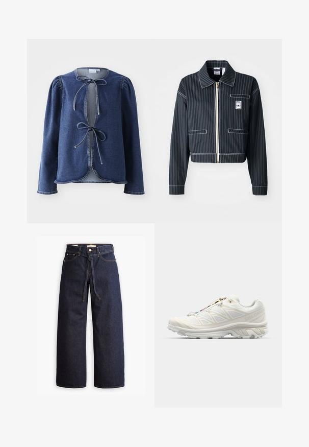 Giacca nera corta con righe bianche, chiusura con zip, colletto appuntito, una tasca sul petto e etichetta con logo. Realizzata in un tessuto texturizzato.; Giacca in denim blu scuro con maniche lunghe, spalle a palloncino e chiusura a cravatta anteriore. Presenta un orlo arrotondato e cuciture a contrasto.; Jeans in denim scuro a gamba larga con vita alta, dotati di un laccio, cinque tasche e dettagli di cucitura a contrasto.; Scarpa da corsa bianca con tomaia in mesh traspirante, dettagli texturizzati e suola imbottita. Dispone di un sistema di lacci rapidi per una vestibilità facile.