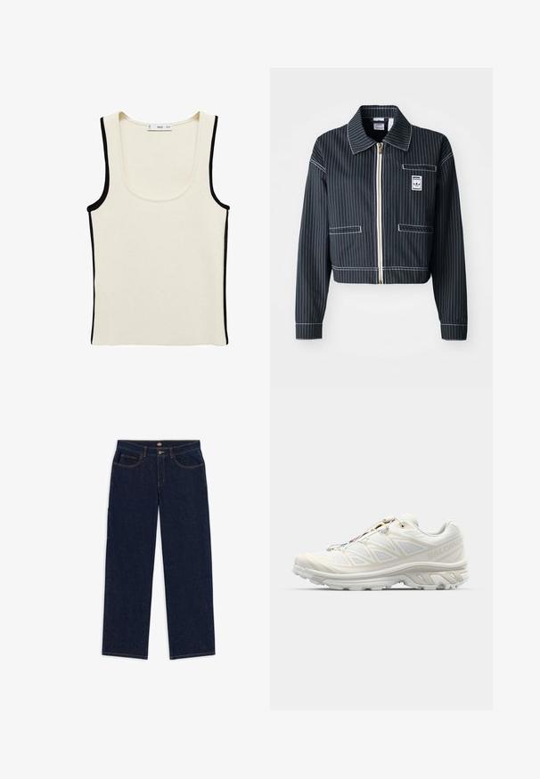 Giacca nera corta con righe bianche, chiusura con zip, colletto appuntito, una tasca sul petto e etichetta con logo. Realizzata in un tessuto texturizzato.; Canotta bianca a coste con bordi neri e scollatura a barca. Realizzata in un tessuto elasticizzato, presenta nessun motivo o accessorio aggiuntivo.; Jeans in denim blu scuro con una vestibilità dritta, cinque tasche e cuciture arancioni a contrasto. La vita include un bottone metallico e una cerniera.; Scarpa da corsa bianca con tomaia in mesh traspirante, dettagli texturizzati e suola imbottita. Dispone di un sistema di lacci rapidi per una vestibilità facile.