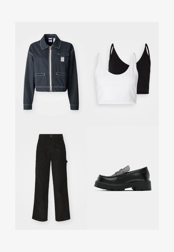 Black cropped jacket with white pinstripes, zip front, pointed collar, one chest pocket, and logo label. Made from a textured fabric.; Two cotton crop tops in white and black. Each has a deep neckline and thin shoulder straps, featuring a smooth, soft texture.; Black corduroy trousers with a straight-leg design, featuring a button closure and side pocket. Smooth texture with fine vertical stripes.; Black leather loafers with a chunky textured sole, featuring a strap over the vamp and smooth, polished finish.