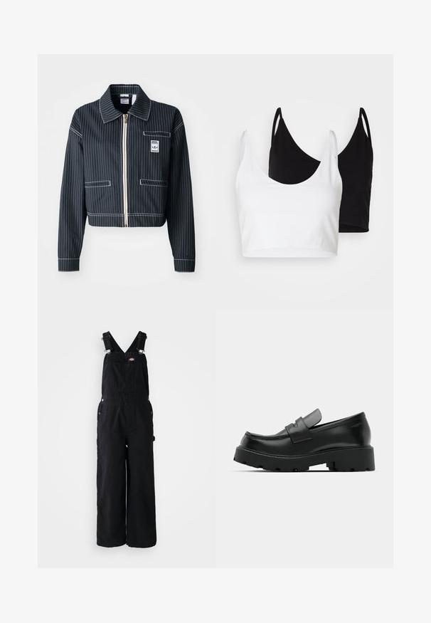 Μαύρο κοντό πανωφόρι με λευκές ρίγες, μπροστινό φερμουάρ, μυτερό γιακά, μία τσέπη στο στήθος και ετικέτα λογότυπου. Κατασκευασμένο από υφασμάτινη υφή.; Δύο βαμβακερά τοπ σε λευκό και μαύρο χρώμα. Το καθένα διαθέτει βαθύ ντεκολτέ και λεπτές ραμμένες τιράντες, προσφέροντας μια ομαλή και απαλή υφή.; Μαύρα τζιν σαλοπέτα με φαρδιά πόδια, ρυθμιζόμενες τιράντες στους ώμους, μπροστινή τσέπη και ασημένια αξεσουάρ. Λείος υφή, μινιμαλιστικός σχεδιασμός.; Μαύρα δερμάτινα loafers με χοντρή υφασμάτινη σόλα, που διαθέτουν λωρίδα πάνω από το βεντ και λείο, γυαλισμένο φινίρισμα.