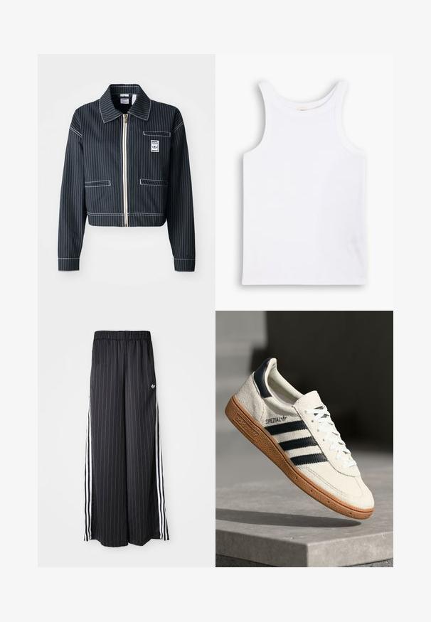 Juoda trumpa striukė su baltais dryžiais, užtrauktuku priekyje, smailiu apykakle, viena krūtinės kišenė ir logotipo etikete. Pagaminta iš tekstūruoto audinio.; Balta medvilninė marškinėliai be rankovių su plačiomis petnešomis, apvaliu kaklu ir lygia, raibuliuojančia tekstūra. Nėra jokių raštų ar akcentų.; Juodi plačių kojų kelnių su vertikaliomis baltomis juostelėmis, elastinga juosmens juosta ir trimis baltomis juostelėmis šone. Adidas logotipas priekyje.; Baltos odinės sportinės bateliai su tamsiai mėlynomis juostelėmis, guminis padas, tekstūruotas viršus, apvalus nosis ir šnervės; turi prekės ženklą šone ir ant liežuvėlio.