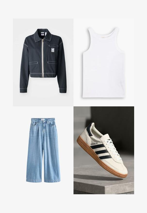 Zwarte cropped jasje met witte streepjes, rits aan de voorkant, puntige kraag, één borstzak en logo-label. Gemaakt van een gestructureerde stof.; Witte katoenen tanktop met brede schouderbanden, een ronde halslijn en een gladde, geribbelde textuur. Geen patronen of accenten aanwezig.; Lichtblauwe denim palazzo jeans met wijde benen, voorzien van een hoge taille, voorkruipen en een knoopsluiting. Subtiele vervaagde textuur.; Witte suède sneakers met marineblauwe strepen, rubberen gumzool, gestructureerde bovenkant, ronde neus en veters; heeft branding aan de zijkant en op de tong.