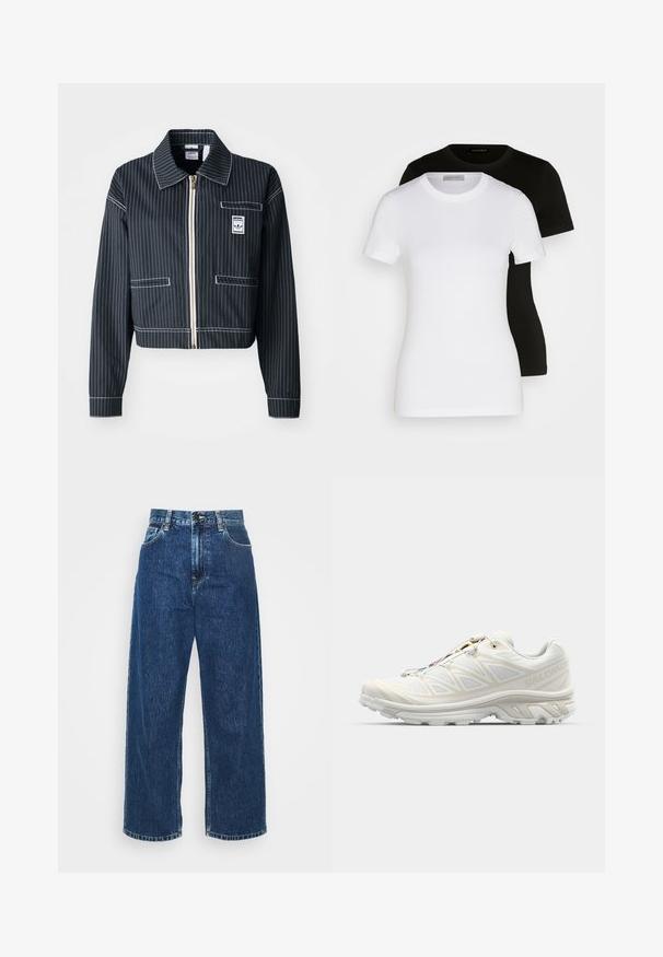 Must mustriga mustris, valge triibuga sääritud must jakk, tõmblukuga esiküljel, terava kraega, ühe rinnataskuga ja logotähisega. Valmistatud struktuurse kangaga.; Kaks lühikeste varrukatega T-särki must ja valge. Valmistatud siledast puuvillast, klassikalise ümmarguse kaeluse ja tavapärase lõikega.; Heledad sinine teksarihmadega laiad püksid kõrge vöökoha ja nähtava õmblusega ning tavaliste taskutega. Omab nööbiga ja luku sulgemist.; Valge jooksujalanõud koos hingava võrkmaterjalist pealispinnaga, tekstuursete aktsentidega ja pehmendusega tallaga. Omab kiiret kinnitusüsteemi mugavaks jalga panemiseks.