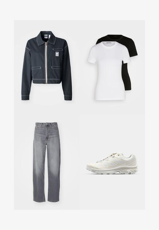 Svart croppet jakke med hvite pinstriper, glidelås foran, spiss krage, én brystlomme og logoetikett. Laget av et teksturert stoff.; To korte ermer T-skjorter i svart og hvit. Laget av glatt bomull, med klassisk rund hals og vanlig passform.; Weekday RAIL MID LOOSE STRAIGHT - Jeans straight leg - misty grey; Hvit løpesko med pustende mesh-overdel, teksturerte detaljer og polstret såle. Har et hurtiglissesystem for enkel tilpasning.