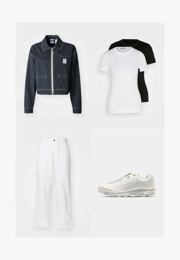 Must mustriga mustris, valge triibuga sääritud must jakk, tõmblukuga esiküljel, terava kraega, ühe rinnataskuga ja logotähisega. Valmistatud struktuurse kangaga.; Kaks lühikeste varrukatega T-särki must ja valge. Valmistatud siledast puuvillast, klassikalise ümmarguse kaeluse ja tavapärase lõikega.; Valged puuvillased püksid otse lõikega, nuppude kinnitusega, küljetaskutega ja lõdva sobivusega. Sile tekstuur.; Valge jooksujalanõud koos hingava võrkmaterjalist pealispinnaga, tekstuursete aktsentidega ja pehmendusega tallaga. Omab kiiret kinnitusüsteemi mugavaks jalga panemiseks.