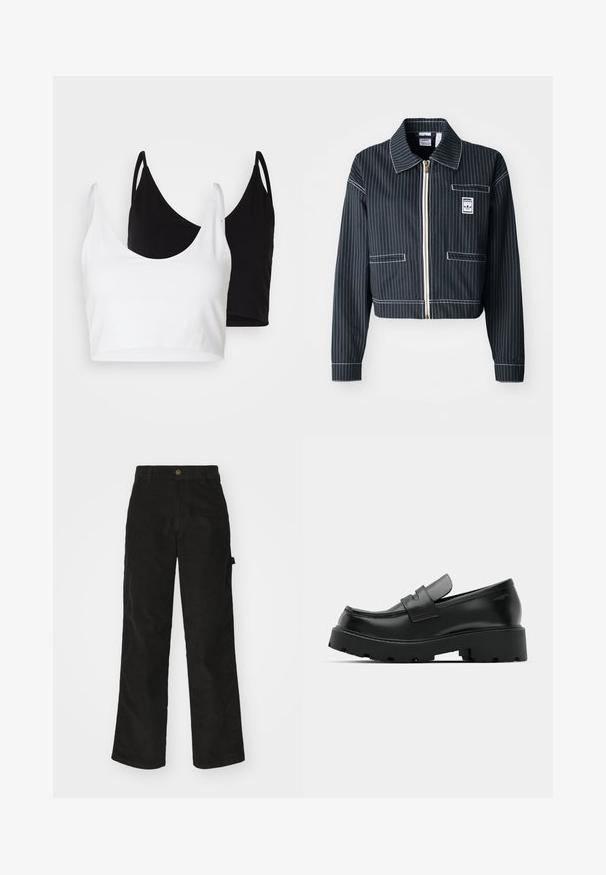 Czarna krótka kurtka z białymi prążkami, z zapięciem na zamek, z wyłogowym kołnierzem, jedną kieszenią na piersi oraz metką z logo. Wykonana z teksturowanej tkaniny.; Dwa bawełniane topy w kolorze białym i czarnym. Każdy z nich ma głęboki dekolt i cienkie ramiączka, charakteryzujące się gładką, miękką teksturą.; Czarne spodnie z kordurowej tkaniny o prostym kroju nogawki, z zapięciem na guzik i boczną kieszenią. Gładka tekstura z delikatnymi pionowymi paskami.; Czarne skórzane loafersy z masywną, teksturowaną podeszwą, z paskiem na wierzchu i gładkim, wypolerowanym wykończeniem.