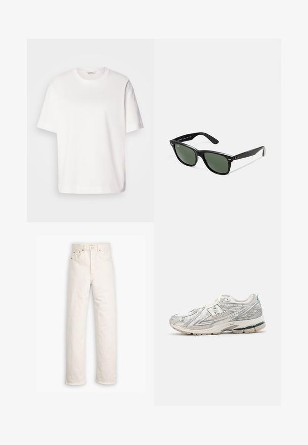 Zwarte cropped jasje met witte streepjes, rits aan de voorkant, puntige kraag, één borstzak en logo-label. Gemaakt van een gestructureerde stof.; Witte katoenen t-shirt met korte mouwen, ronde hals, ontspannen pasvorm en een soepele textuur; geen patronen of zichtbare hardware.; Witte denim jeans met een recht gesneden ontwerp, vijf zakken en koperen hardware accenten. Afgeronde zoom aan de enkels.; Hardloopschoenen met een zilver-witte mesh bovenkant en een groene accent. De zool is dik en gestructureerd, ontworpen voor demping en ondersteuning.; Zwarte plastic zonnebril met groene lenzen, vierkante montuur, zilveren accent op de wenkbrauw en een gestructureerde tempel. Merken vermeld op de binnenkant van de arm.