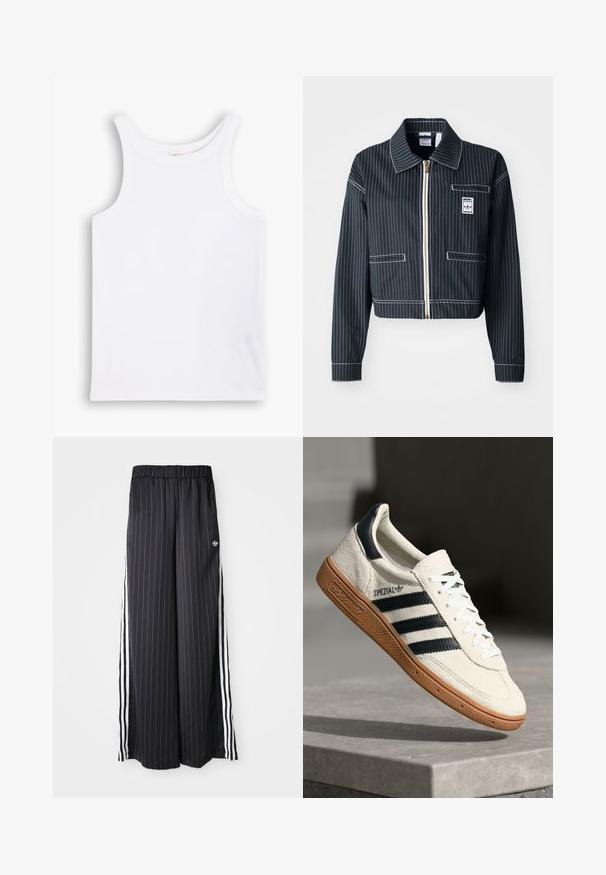 Black cropped jacket with white pinstripes, zip front, pointed collar, one chest pocket, and logo label. Made from a textured fabric.; White cotton tank top with wide shoulder straps, a round neckline, and a smooth, ribbed texture. No patterns or accents present.; Black wide-leg pants with vertical white stripes, elastic waistband, and three white stripes along the side. Adidas logo on the front.; White suede sneaker with navy stripes, rubber gum sole, textured upper, round toe, and lacing; features branding on the side and tongue.