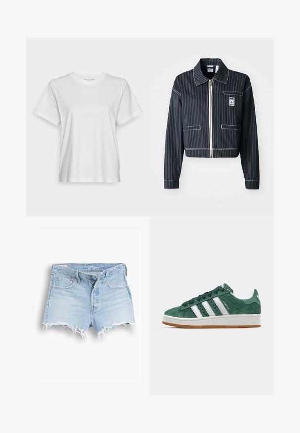Black cropped jacket with white pinstripes, zip front, pointed collar, one chest pocket, and logo label. Made from a textured fabric.; White cotton t-shirt with short sleeves, round neck, and a relaxed fit. Smooth texture, no patterns or graphics, basic design.; Light blue denim shorts with a high waist, frayed hem, five-pocket design, and contrasting stitching. Two buttons at the front closure.; Green suede sneaker with white leather stripes, rubber sole, padded collar, and minimalistic design. Features branding on the side.