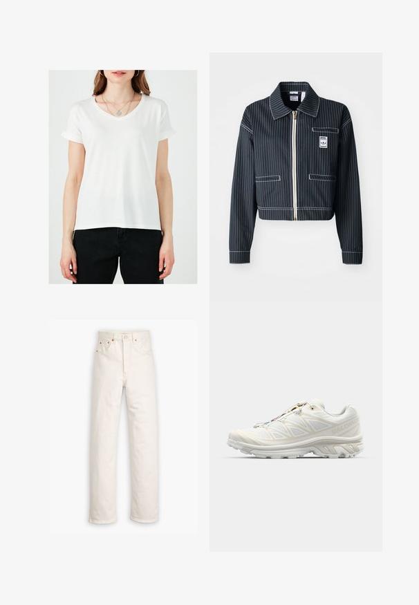 Melnā īsā jaka ar baltām svītrām, ar rāvējslēdzēju priekšā, ar norādītu apkakli, vienu krūšu kabatu un logotipa uzlīmi. Izgatavota no strukturētas auduma.; Balts v-veida t-krekls ar sarullētām īsajām piedurknēm, izgatavots no mīksta auduma. Iegūst taisnu griezumu un ir valkāts kopā ar melnām biksēm.; Baltas denims ar taisnu kāju dizainu, piecu kabatu stilu un varš apdari. Neapstrādāts piegriezums potītēs.; Baltas sporta apavu modelis ar elpojošu acs augšdaļu, teksturētām akcentēm un mīkstu zoli. Aprīkoti ar ātru sašūšanas sistēmu ērtai pielāgošanai.