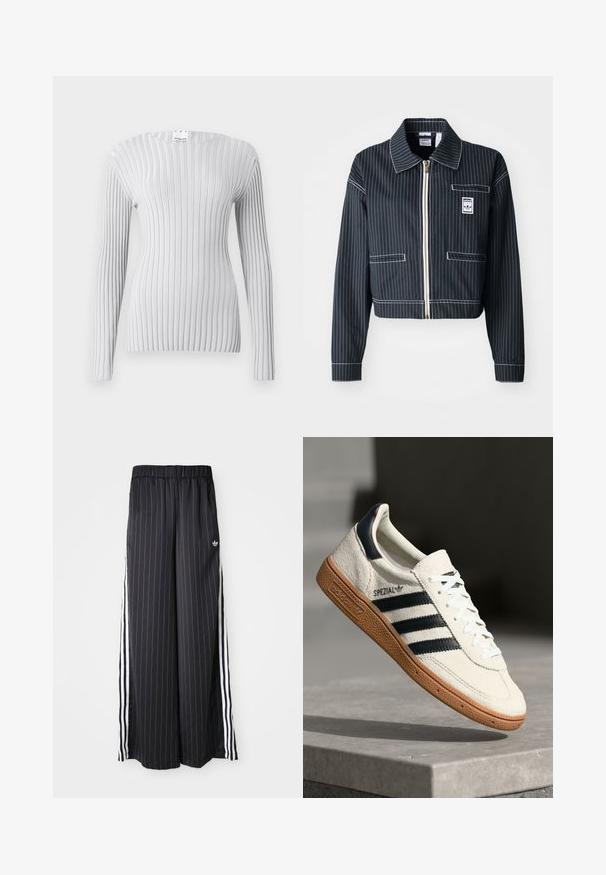 Must mustriga mustris, valge triibuga sääritud must jakk, tõmblukuga esiküljel, terava kraega, ühe rinnataskuga ja logotähisega. Valmistatud struktuurse kangaga.; Heledad hallo-sinine pikkade varrukatega pluus vertikaalse ribatekstuuriga, ümmarguse kaeluse ja kitse siluetiik. Silt nähtav kaela juures.; Mustad lai jalad püksid vertikaalsete valgete triipudega, elastne vöökoht ja kolm valget triipu külgedel. Adidas logo ees.; Valge suede toss, millel on tumesinised triibud, kummist alus, tekstureeritud pealis, ümar varvas ja paelad; külgedel ja keelel on brändingu elemendid.