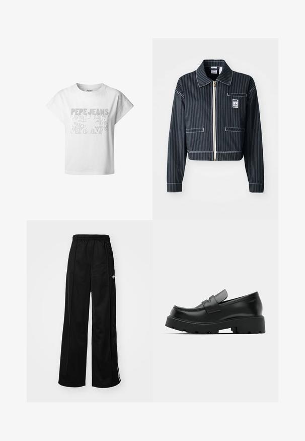 Melnā īsā jaka ar baltām svītrām, ar rāvējslēdzēju priekšā, ar norādītu apkakli, vienu krūšu kabatu un logotipa uzlīmi. Izgatavota no strukturētas auduma.; Balts kokvilnas īsais krekls ar nolaižamām plecu daļām, ar teksturētu drukājumu, kurā redzama zīmola nosaukuma "Pepe Jeans" dažādās izmēros.; Melnas platajās sporta bikses ar elastīgu vidukli, ar baltām sānu svītrām un mazu logo kreisajā gurnā. Gluda auduma tekstūra.; Melni ādas loafers ar masīvu teksturētu zoli, ar siksniņu pār vampu un gludu, spīdīgu apdari.