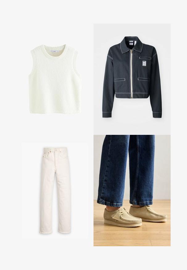 Must mustriga mustris, valge triibuga sääritud must jakk, tõmblukuga esiküljel, terava kraega, ühe rinnataskuga ja logotähisega. Valmistatud struktuurse kangaga.; Valge varrukateta sviiter pehmest, tekstuurses kangas. Omab soonikuga ümarat kaelust ja käeauke ning lihtsalt, puhtalt kujundatud.; Valged teksased sirge jala disainiga, viie taskuga stiilis ja vasest detailide aktsentidega. Toorik lõpp äärtes.; Beige sametjalatsid ümarate varvaste ja madala profiiliga. Omavad seotud disaini ja õmbluse aktsente. Kandmiseks lühendatud siniste teksadega.