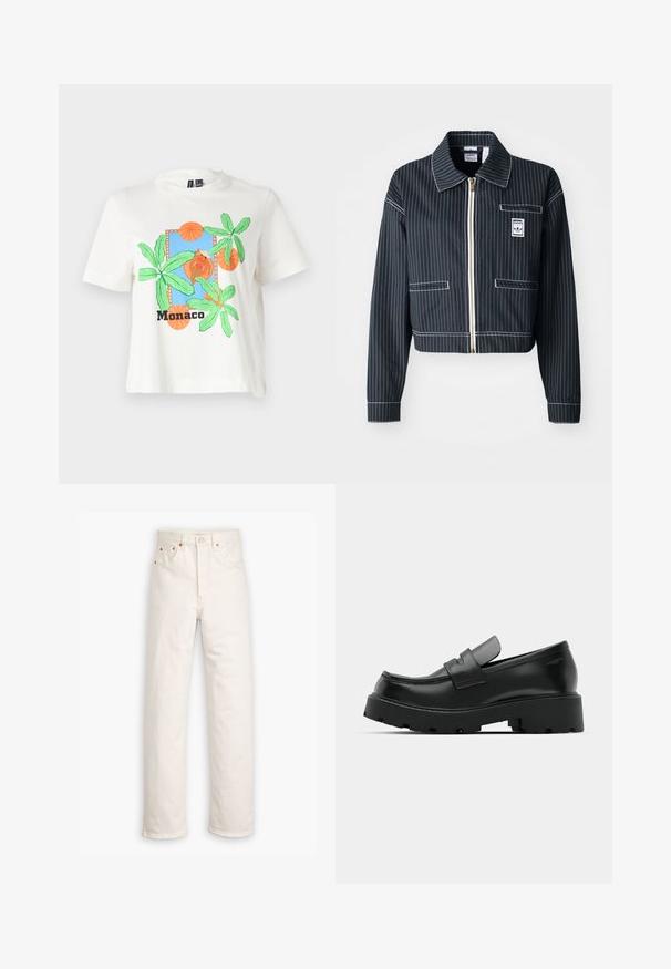 Melnā īsā jaka ar baltām svītrām, ar rāvējslēdzēju priekšā, ar norādītu apkakli, vienu krūšu kabatu un logotipa uzlīmi. Izgatavota no strukturētas auduma.; Balta īsām piedurknēm T-krekls ar zilu grafiku, zaļām palmu lapām, oranžiem apļiem un vārdu "Monako" melnā krāsā apakšā.; Baltas denims ar taisnu kāju dizainu, piecu kabatu stilu un varš apdari. Neapstrādāts piegriezums potītēs.; Melni ādas loafers ar masīvu teksturētu zoli, ar siksniņu pār vampu un gludu, spīdīgu apdari.