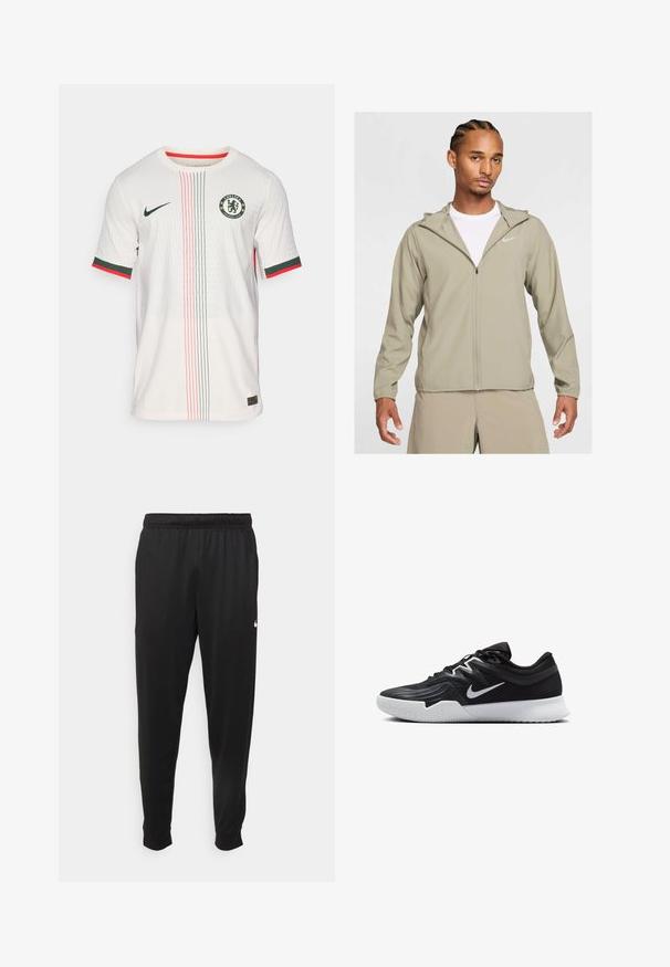 Veste Nike beige clair avec zip, capuche et poignets élastiques. Texture lisse, design minimaliste et petit logo en argent sur la poitrine.; Maillot de football blanc avec un motif texturé, ornée de rayures vertes et rouges, col rond, manches courtes et logo de Chelsea FC sur la poitrine.; Pantalon de sport noir en tissu lisse, avec une taille élastique, des jambes fuselées et un petit logo blanc sur le côté gauche.; Chaussure de sport noire avec une tige texturée, un swoosh blanc de Nike et une semelle extérieure en caoutchouc blanc. Elle présente un design à lacets et une forme dynamique.