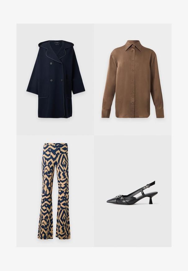 Marineblauer doppelreihiger Mantel mit Kapuze, kurzärmlig, mit zwei Fronttaschen und kontrastierenden Besätzen entlang der Kanten.; Braunes Langarmhemd mit Knopfverschluss, spitzem Kragen und Manschetten, vor einem schlichten weißen Hintergrund präsentiert.; Ausgestellte Hosen mit einem geometrischen Muster in Marineblau und Beige. Hergestellt aus einem weichen Stoff, mit hohem Taillenbund und weiten Beinen.; Schwarzer Leder-Slingback-Schuh mit spitz zulaufender Zehenpartie, dekorativen Riemen mit METALLÖSEN und niedrigem Blockabsatz. Strukturelle Oberfläche.