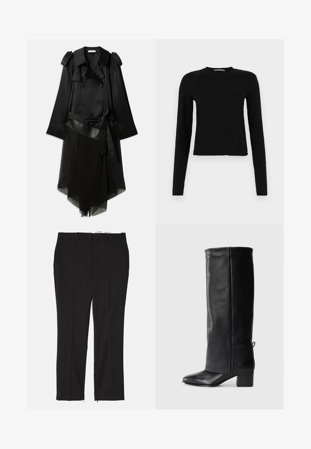 Zwarte trenchcoat met een dubbelgebreide voorkant, satijnen materiaal, doorschijnende onderlaag, verstelbare riem en spalkdetails op de schouders.; Zwarte lange mouwen crop top van zachte stof, met een ronde halslijn en een licht asymmetrische zoom met een subtiele logo-detail.; Zwarte op maat gemaakte broeken met een rechte snit, voorzien van twee zijzakken en ritsen bij de enkels voor een verstelbare pasvorm. Gladde textuur.; Zwarte leren kniehoogte laarzen met een gladde afwerking, vierkante neus, blokhak en zijstrikdetail voor een verstelbare pasvorm.