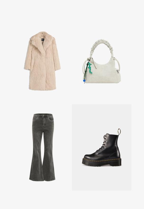 Palton din blană sintetică bej, cu o textură pufoasă, guler lat și mâneci scurte, având un design de lungime medie și o croială lejeră.; Trei bluze cu mânecă lungă, în nuanțe de albastru deschis, negru și alb. Designul prezintă un decolteu rotund și o textură de țesătură moale și ușoară.; Kaffe KASINEM - Blugi evazați - medium grey denim; Botine din piele neagră, cu șireturi, până la gleznă, cu o talpă chunky neagră și cusături galbene. Dispune de o etichetă de tragere la spate și orificii metalice circulare.; Geantă din imitație de piele albă-crem cu mânere plisate, buzunar cu fermoar și un charm verde. Textură netedă, logo embosat discret și design elegant.