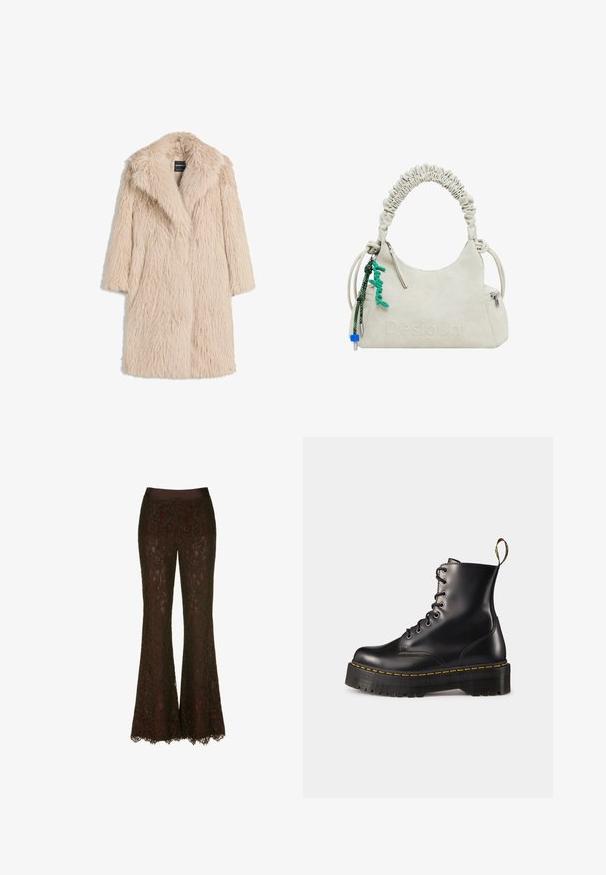 Beige nep bontjas met een pluizige textuur, brede reverskraag en korte mouwen, met een middellange uitstraling en een relaxte pasvorm.; Drie longsleeve tops in lichtblauw, zwart en wit. Het ontwerp heeft een ronde halslijn en een zachte, lichte stoftextuur.; Kanten flare broeken in een diepe bordeauxkleur, voorzien van een soepel satijnen tailleband en een delicate bloemenkantpatroon, met geschulpte zoomdetails.; Zwarte leren veterschoenen tot de enkel met een robuuste zwarte zool en gele stiksels. Kenmerkend zijn de trekloop aan de achterkant en de ronde metalen oogjes.; Romige faux leren handtas met geplooide handvat, ritsvak en groene charme. Gladde textuur, ingetogen reliëflogo en strakke vormgeving.