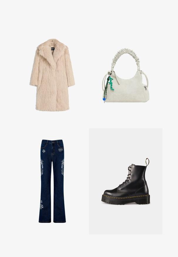 Beige tekota furaa keinonahkaisella, jossa on pörröinen rakenne, leveä kaulus ja lyhyet hihat. Näyttää keskipitkältä ja rentolta.; Kolme pitkähihaista paitaa vaaleansinisena, mustana ja valkoisena. Mallissa on pyöreä pääntie ja pehmeä, kevyt kangas.; Tummansiniset leveälahkeiset farkut, joissa on brodeerattuja kukkakuvioita reisi- ja alajalassa. Varustettu kuparinvärisellä ompelulla ja etupuolen nappisuljennalla.; Mustat nahkasaappaat, joissa on nyöritys nilkkoihin asti, paksu musta pohja ja keltaset ompeleet. Takana vetotappi ja pyöreät metalliset silmukat.; Vaaleanbeige tekonahkainen käsilaukku, jossa on rypytetty kahva, vetoketjullinen tasku ja vihreä koriste. Sileä pinta, hillitty kohokuvioitu logo ja tyylikäs muotoilu.