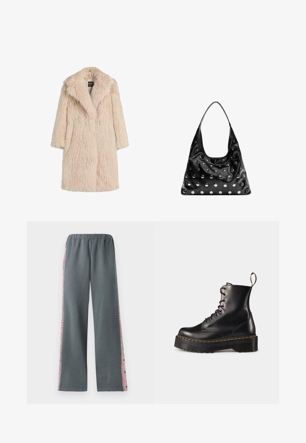 Bežový kožúšok z umelej kožušiny s nadýchanou textúrou, širokým klopom a krátkymi rukávmi, ktorý má stredne dlhý strih a voľný strih.; Tričko s dlhým rukávom v svetlomodrej, čiernej a bielej farbe. Dizajn obsahuje okrúhly výstrih a mäkkú, ľahkú textúru látky.; Šedé tepláky s elastickým pásom, širokými nohavicami a farebnými vzorovanými akcentmi po stranách. Vyrobené z mäkkého a pohodlného materiálu.; Čierne kožené členkové topánky na šnurovanie s masívnou čiernou podrážkou a žltým prešitím. Obsahujú pútko na zadnej strane a okrúhle kovové očká.; Čierna kožená kabelka s voľnou siluetou, zdobená striebornými kruhovými cvočkami a jednou ramennou rukoväťou. Hladký povrch a lesklý vzhľad.