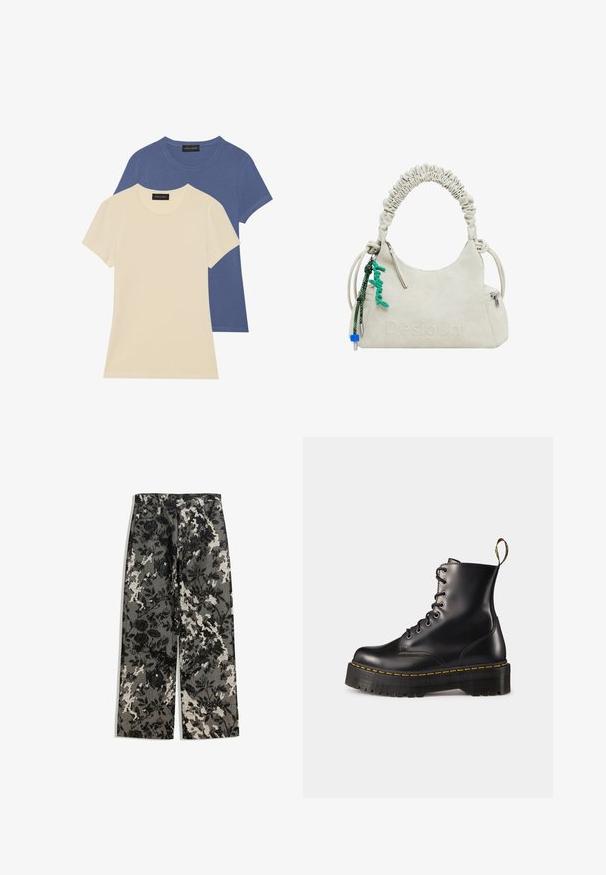 Palton din blană sintetică bej, cu o textură pufoasă, guler lat și mâneci scurte, având un design de lungime medie și o croială lejeră.; Două tricouri cu mânecă scurtă: unul crem și unul albastru. Ambele au guler rotund și sunt realizate dintr-un material de bumbac moale și neted.; Pantaloni mid-rise cu picioare largi, într-un model floral texturat alb-negru pe un fundal gri, având un tiv clasic și buzunare frontale.; Botine din piele neagră, cu șireturi, până la gleznă, cu o talpă chunky neagră și cusături galbene. Dispune de o etichetă de tragere la spate și orificii metalice circulare.; Geantă din imitație de piele albă-crem cu mânere plisate, buzunar cu fermoar și un charm verde. Textură netedă, logo embosat discret și design elegant.