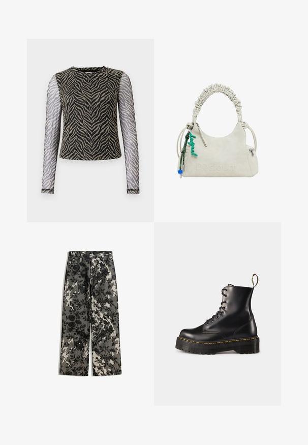 Beige Kunstpelzjacke mit flauschiger Textur, breitem Reverskragen und kurzen Ärmeln, die ein mittellanges Design und eine lockere Passform zeigt.; Langärmliges Oberteil mit einem schwarzen und beigen Zebra-Print auf dem Vorderteil, halbtransparenten Mesh-Ärmeln und einem runden Ausschnitt.; Hochtaillierte, weit geschnittene Hose mit einem strukturierten schwarz-weißen Blumenmuster auf grauem Hintergrund, mit einem klassischen Bund und vorderen Taschen.; Schwarze Leder-Schnürstiefel mit knöchelhohem Schaft, einer robusten schwarzen Sohle und gelben Nähten. Verfügt über eine Lasche hinten und runde Metallösen.; Off-white Handtasche aus Kunstleder mit gerafftem Griff, Reißverschlusstasche und grünem Anhänger. Glatte Textur, dezentes geprägtes Logo und elegantes Design.