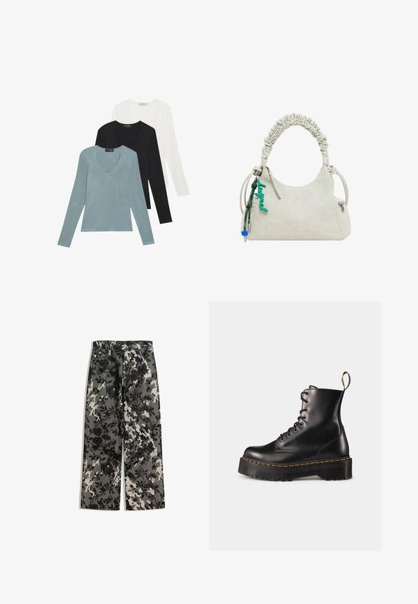 Bež kaput od umjetnog krzna s pahuljastom teksturom, širokim ovratnikom i kratkim rukavima, koji prikazuje srednju dužinu i ležeran kroj.; Tri dugih rukava u svijetlo plavoj, crnoj i bijeloj boji. Dizajn uključuje okrugli izrez i mekan, lagan teksturirani materijal.; Hlače srednje visine s širokim nogavicama u teksturiranom crno-bijelom cvjetnom uzorku na sivoj pozadini, s klasičnim pojasom i prednjim džepovima.; Crne kožne čizme s vezanjem do članka, s debelim crnim potplatom i žutim šavom. Imaju traku za povlačenje na stražnjoj strani i okrugle metalne rupice.; Off-white lažna kožna torba s naboranom drškom, džepom na zip i zelenim privjeskom. Glatka tekstura, suptilni uvezeni logotip i elegantan dizajn.