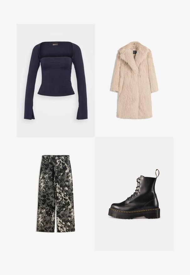 Beige faux fur coat with a fluffy texture, wide lapel collar, and short sleeves, showcasing a mid-length design and a relaxed fit.; Gina Tricot SOFT TOUCH SQUARE NECK TOP - Long sleeved top - black iris; Mid-rise wide-leg pants in a textured black and white floral pattern on a gray background, featuring a classic waistband and front pockets.; Black leather lace-up ankle boots with a chunky black sole and yellow stitching. Features a pull tab at the back and circular metal eyelets.