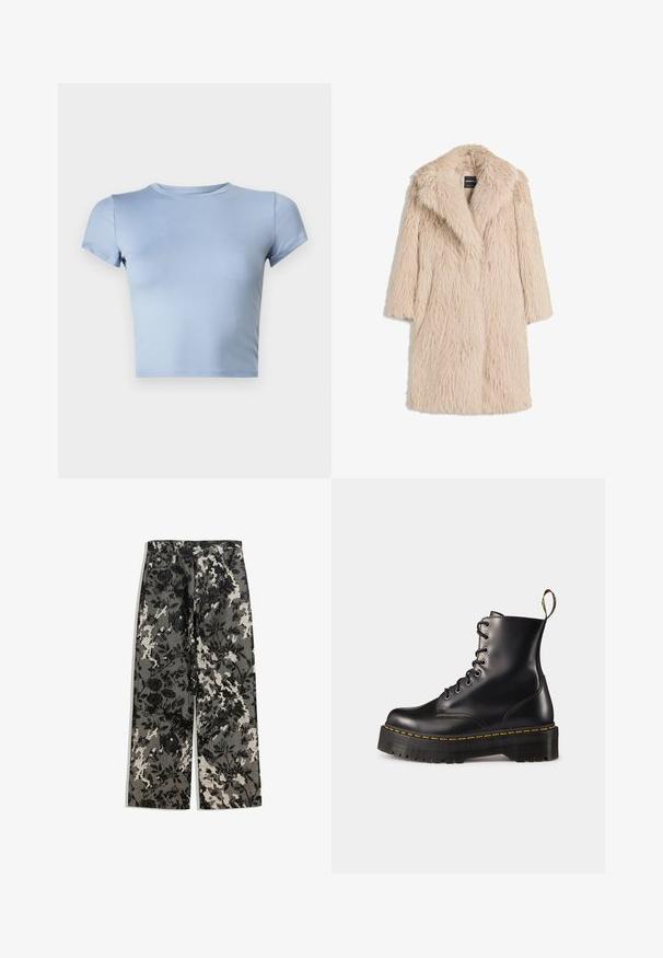 Krémový umělý kožešinový kabát s nadýchanou texturou, širokým klopovým límcem a krátkými rukávy, který se vyznačuje polodlouhým střihem a uvolněným střih.; Světle modré zkrácené tričko vyrobené z hladké látky. Má krátké rukávy a kulatý výstřih s přiléhavým střihem. Čistý a jednoduchý styl.; Středně vysoké široké kalhoty s texturovaným černo-bílým květinovým vzorem na šedém pozadí, s klasickým pasem a předními kapsami.; Černé kožené kotníkové boty na šněrování s mohutnou černou podrážkou a žlutým prošíváním. Mají poutko na zadní straně a kulaté kovové očko.