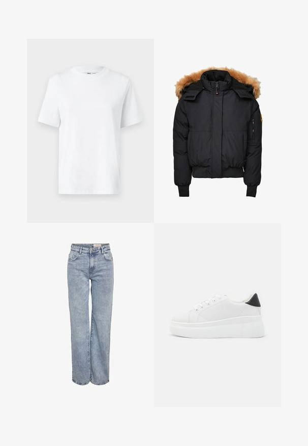 Schwarze, gepolsterte Winterjacke mit einer abnehmbaren Fellkapuze, durchgehendem Reißverschluss und zwei seitlichen Taschen. Mit gerippten Bündchen und Saum.; Weißes Baumwoll-T-Shirt mit Rundhalsausschnitt, kurzärmlig und mit glatter Textur. Entworfen mit einer lockeren Passform für Komfort und Vielseitigkeit.; Hellblau weite Jeans aus Denim, mit hoher Taille, fünf Taschen-Design und subtilen Ausbleichungen für einen eingesessenen Look.; Weiße Plateausneaker aus glattem Kunstmaterial, mit runder Zehenform, Schnürdesign und einer strukturierten Gummisohle. Schwarzer Fersenakzent.