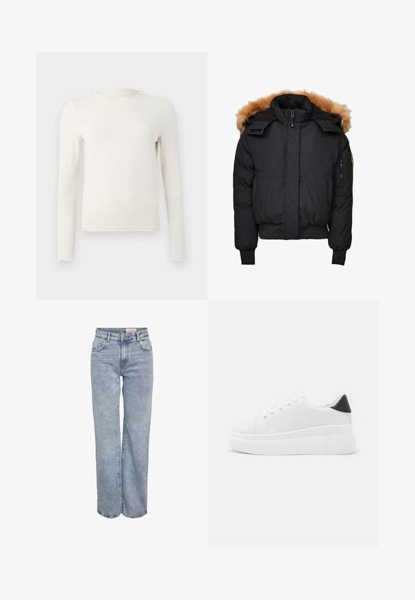 Zwarte, gevoerde winterjas met een afneembare capuchon van bont, vooraan met ritssluiting en twee zijzakken. Beschikt over geribbelde boorden en een zoom.; Langsleeve, crème-kleurige getailleerde top met een gerimpelde ronde hals en zoom, weergegeven op een effen lichtgrijze achtergrond.; Lichtblauwe wijde jeans gemaakt van denim, met een hoge taille, vijf zakken en subtiele vervaging voor een versleten uitstraling.; Witte platform sneakers van glad synthetisch materiaal, met een afgeronde neus, vetersluiting en een gestructureerde rubberen zool. Zwarte hielaccent.