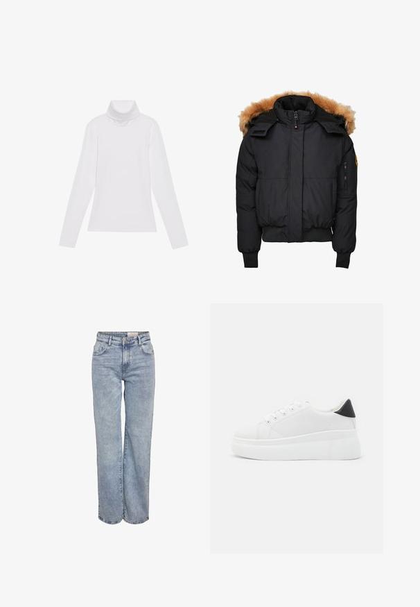 Giacca invernale nera imbottita con cappuccio staccabile foderato in pelliccia, chiusura frontale con zip e due tasche laterali. Presenta polsini e orlo a coste.; Maglia a maniche lunghe bianca a collo alto realizzata in tessuto morbido ed elastico. Presenta un colletto alto e un design aderente, senza motivi o decorazioni visibili.; Jeans a gamba larga di colore azzurro chiaro realizzati in denim, con vita alta, design a cinque tasche e leggera scoloritura per un aspetto vissuto.; Sneakers platform bianchi realizzati in materiale sintetico liscio, con punta arrotondata, design con lacci e suola in gomma texture. Accento nero nel tallone.