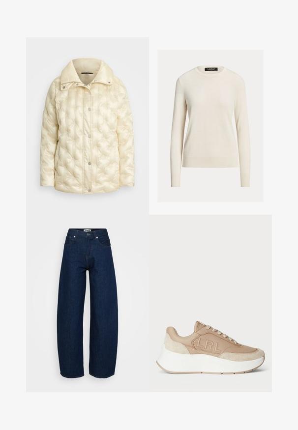 Puffy cream-colored jacket with a high collar, featuring stitched detailing and snap closures on the front. Soft, glossy fabric texture.; Light cream sweater, long sleeves, rounded neckline, knit texture, ribbed cuffs and hem, label reads "LAUREN." Simple, minimalist design.; Wide-leg jeans in dark blue denim. Features button closure, five pockets, and visible stitching. Smooth texture with a relaxed fit.; Light beige sneaker with leather and suede materials, featuring a wide white rubber sole and embossed "LRL" logo on the side.