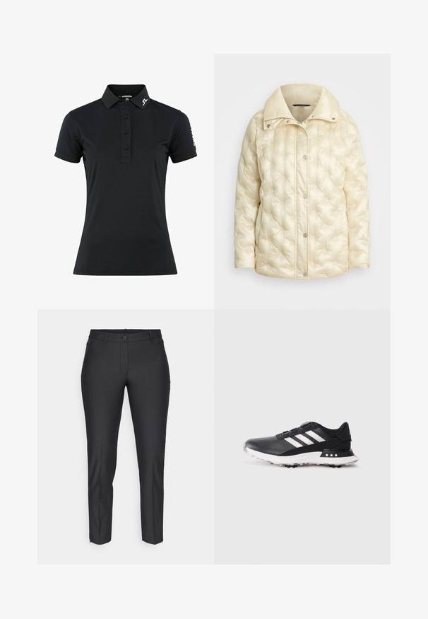 Puchowa kurtka w kolorze kremowym z wysokim kołnierzem, z wyszywanymi detalami i zatrzaskami z przodu. Miękka, błyszcząca faktura materiału.; Czarna koszulka polo z gładkiego materiału, z kołnierzykiem, trzema guzikami oraz krótkimi rękawami. Akcenty logo na kołnierzyku i rękawie.; Czarne spodnie o dopasowanym kroju, o gładkiej teksturze, z zapięciem na guziki, suwakiem z przodu oraz dwoma bocznymi kieszeniami. Slim fit z zwężanymi nogawkami.; Czarny but sportowy z białymi paskami, teksturowana cholewka, okrągły czubek i biała gumowa podeszwa z małymi kolcami zapewniającymi przyczepność.