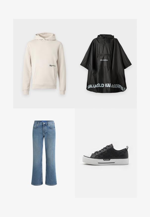 Svart vanntett hetteponcho med frontlomme og "KARL LAGERFELD" logo trykket på lommen og kanten.; Lyse beige hettegenser laget av myk stoff, med en frontlomme og en liten svart logo nederst til venstre.; Hvit bomull t-skjorte med korte ermer, rund hals, med en subtil preget logo på venstre bryst, glatt tekstur.; Lyseblå denim flared jeans med mid-rise liv, fem lommer, og en subtil teksturert overflate, med en standard knappelukking.; Svart lave sneakers med mønstret kanvas-overdel, hvit gummitoe-kappe, teksturert såle og logo-aksent på siden. Metalløye for snøring.