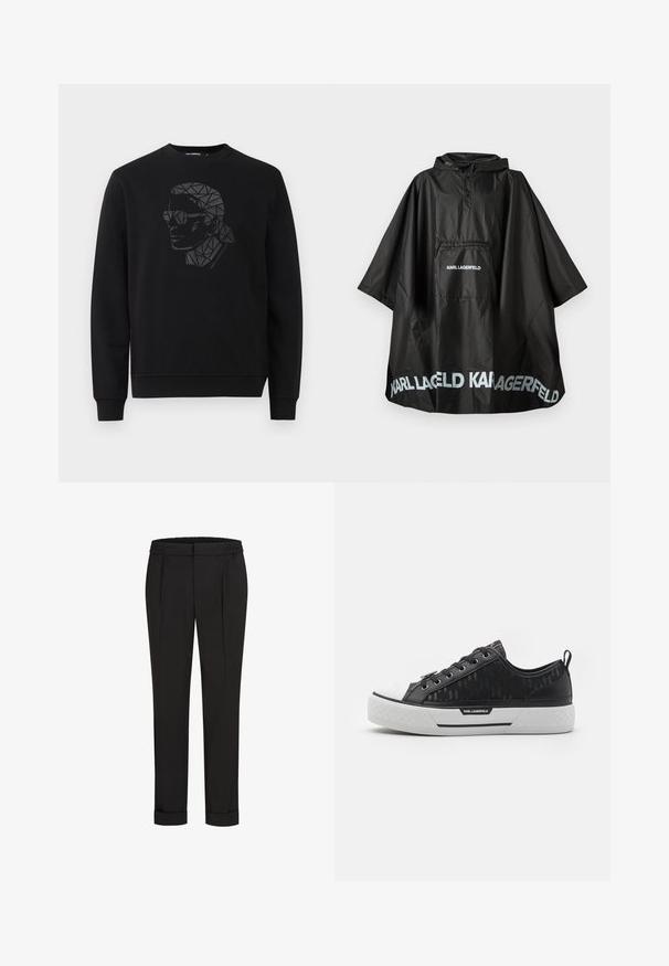 Schwarzer wasserdichter Poncho mit Kapuze, Fronttasche und gedrucktem "KARL LAGERFELD"-Logo auf der Tasche und dem Saum.; Schwarzer Pullover mit rundem Halsausschnitt und langen Ärmeln. Auf der Vorderseite befindet sich ein geometrisches Schwarz- und Grauton-Porträt-Design.; Schwarze Hose mit Gummibund, gerade geschnitten und mit umgeschlagenen Säumen. Hergestellt aus glattem, gewebtem Stoff ohne Muster.; Schwarze Low-Top-Sneaker mit gemustertem Canvas-Obermaterial, weißer Gummikappe, strukturiertem Sohlenprofil und Logo-Akzent an der Seite. Metallösen für die Schnürsenkel.