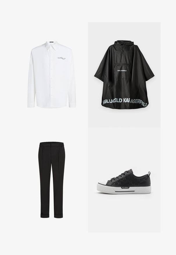 Czarny wodoodporny poncho z kapturem, wyposażony w przednią kieszeń oraz logo "KARL LAGERFELD" nadrukowane na kieszeni i dolnej krawędzi.; Biała koszula z długim rękawem, zapinana na guziki, wykonana z bawełny, z kołnierzykiem w szpic i czarnym haftowanym logo na lewej piersi. Gładka w dotyku.; Czarne spodnie z elastycznym pasem, charakteryzujące się prostym krojem nogawki i podwiniętymi mankietami. Wykonane z gładkiej, tkanej tkaniny bez wzorów.; Czarne niskie trampki z wzorzystym płótnem, białą gumową osłoną na palce, teksturowaną podeszwą i akcentem logo po boku. Metalowe oczka na sznurówki.