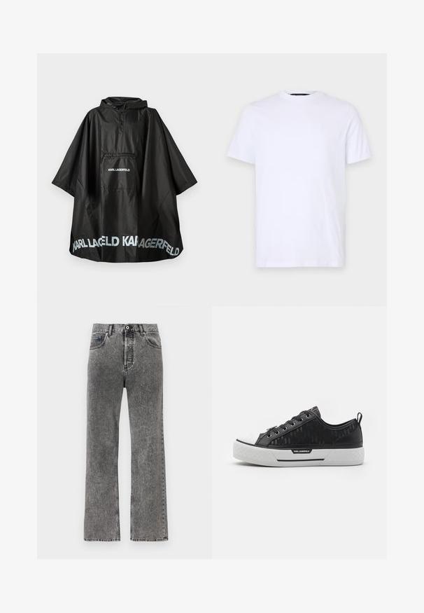 Poncho con capucha negro impermeable, con bolsillo frontal y logotipo "KARL LAGERFELD" impreso en el bolsillo y en el dobladillo.; Camiseta de algodón blanca con manga corta, cuello redondo, con un sutil logo en relieve en el pecho izquierdo, textura suave.; Vaqueros de denim negro lavado de pierna recta con botón frontal y cremallera, trabillas para cinturón y diseño de cinco bolsillos.; Zapatilla negra de caña baja con parte superior de lona estampada, puntera de goma blanca, suela texturizada y acento con logo en el costado. Ojetes de metal para los cordones.
