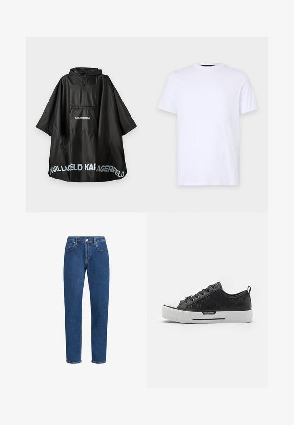 Mustassa vedenpitävässä huppuponchossa on etutasku, ja taskussa sekä helmassa on painettuna "KARL LAGERFELD" -logo.; Valkoinen puuvillapaita lyhyillä hihoilla, pyöreällä kaula-aukolla, jossa on hienovarainen kohopainettu logo vasemmassa rinnassa, sileä pinta.; Sininen farkkuhousut, joissa on suora malli, viisi taskua, hillityt tikkaukset ja napitus vyötäröllä.; Musta matala sneaker, jossa on kuvioitu kangas päällinen, valkoinen kuminen varvastuppi, tekstuuripohja ja logopainatus sivussa. Metalliset reiät nauhoille.