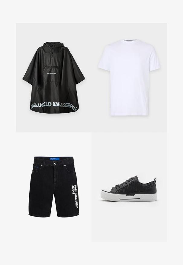 Poncho con capucha negro impermeable, con bolsillo frontal y logotipo "KARL LAGERFELD" impreso en el bolsillo y en el dobladillo.; Camiseta de algodón blanca con manga corta, cuello redondo, con un sutil logo en relieve en el pecho izquierdo, textura suave.; Los pantalones cortos de mezclilla negros presentan un corte recto, diseño de cinco bolsillos, costuras en contraste y texto blanco "KARL LAGERFELD JEANS" en el costado.; Zapatilla negra de caña baja con parte superior de lona estampada, puntera de goma blanca, suela texturizada y acento con logo en el costado. Ojetes de metal para los cordones.