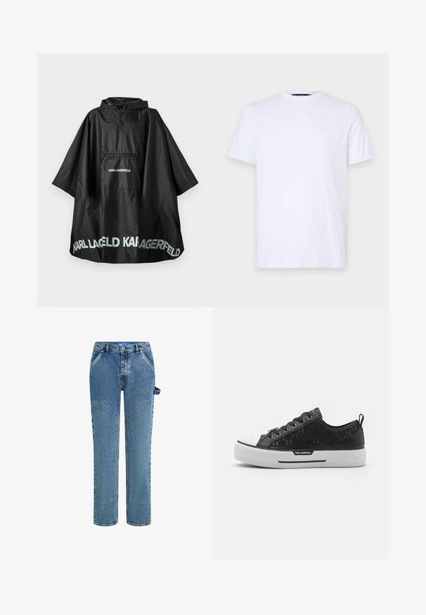 Czarny wodoodporny poncho z kapturem, wyposażony w przednią kieszeń oraz logo "KARL LAGERFELD" nadrukowane na kieszeni i dolnej krawędzi.; Biała bawełniana koszulka z krótkimi rękawami i okrągłym dekoltem, z subtelnym wypukłym logo na lewej piersi, gładka w dotyku.; Niebieskie dżinsy typu straight leg, z kontrastującymi łatami, dwiema kieszeniami z przodu oraz widocznym detalem w postaci pętli z boku.; Czarne niskie trampki z wzorzystym płótnem, białą gumową osłoną na palce, teksturowaną podeszwą i akcentem logo po boku. Metalowe oczka na sznurówki.