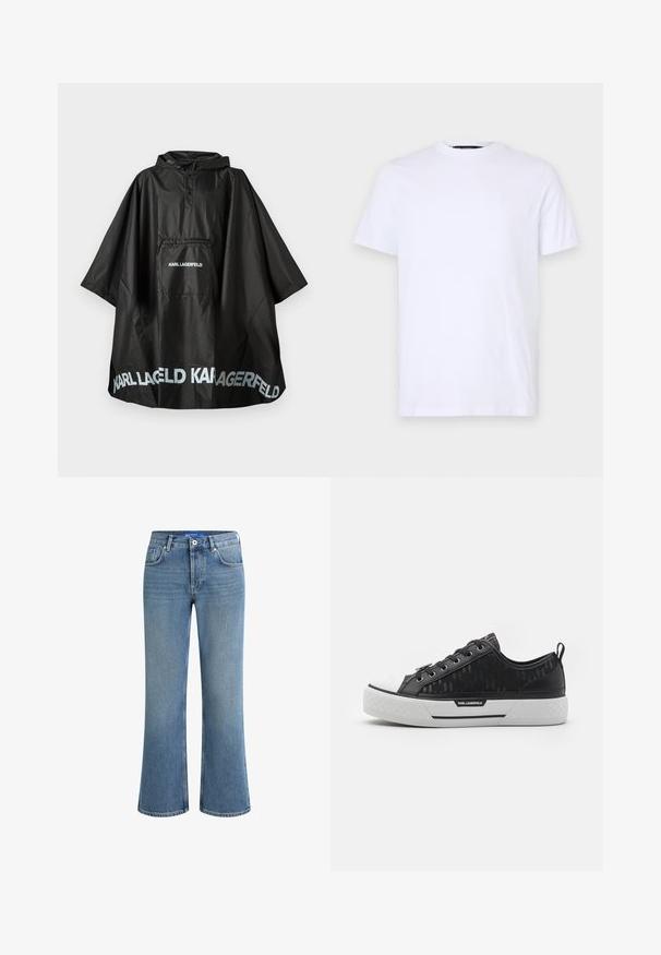 Czarny wodoodporny poncho z kapturem, wyposażony w przednią kieszeń oraz logo "KARL LAGERFELD" nadrukowane na kieszeni i dolnej krawędzi.; Biała bawełniana koszulka z krótkimi rękawami i okrągłym dekoltem, z subtelnym wypukłym logo na lewej piersi, gładka w dotyku.; Jasnoniebieskie dżinsy w stylu flare z średnim stanem, pięcioma kieszeniami i delikatną, teksturowaną powierzchnią, z klasycznym zapięciem na guzik.; Czarne niskie trampki z wzorzystym płótnem, białą gumową osłoną na palce, teksturowaną podeszwą i akcentem logo po boku. Metalowe oczka na sznurówki.