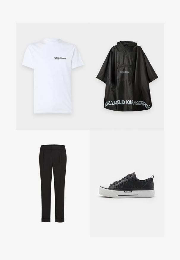 Mustassa vedenpitävässä huppuponchossa on etutasku, ja taskussa sekä helmassa on painettuna "KARL LAGERFELD" -logo.; Valkoinen puuvillainen t-paita, jossa on lyhyet hihat, pyöreä kaula-aukko ja musta "KARL LAGERFELD JEANS" -logo vasemmassa rintataskussa.; Mustat housut, joissa on joustava vyötärö, suoran lahkeiden muotoilu ja käännetyt hihnat. Valmistettu sileästä, kudotusta kankaasta ilman kuvioita.; Musta matala sneaker, jossa on kuvioitu kangas päällinen, valkoinen kuminen varvastuppi, tekstuuripohja ja logopainatus sivussa. Metalliset reiät nauhoille.