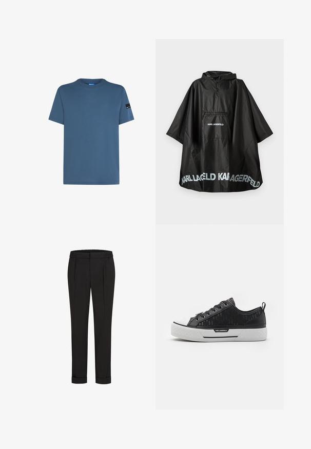 Must värviga veekindel kapuutsiga ponšo, millel on esikott ja "KARL LAGERFELD" logo trükitud kotile ja hemile.; Sinine puuvillane T-särk, millel on ümar kaelus, lühikesed varrukad ja must logomärk vasakul varrukal. Sile tekstuur ja mugav lõige.; Mustad püksid elastse vöökohtaga, sirge jala kujundusega ja üles keeratud äärtega. Valmistatud siledast, kudumisega kangast, ilma mustriteta.; Mustvalguse madala varbaga tennis jalanõud, musta mustriga kangast pealisosa, valge kummist varvakatte, tekstureeritud tald ja logoga aktsent küljel. Metallist silmused nööride jaoks.