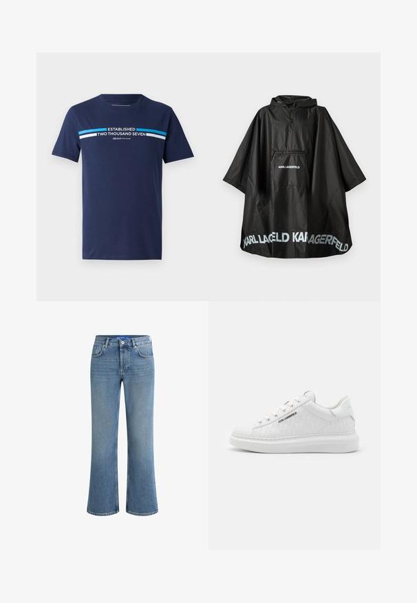 Juodas vandeniui atsparus apsiaustas su gobtuvu, priekyje yra kišenė, o ant kišenės ir apvado yra spausdinamas "KARL LAGERFELD" logotipas.; Tamsiai mėlynas medvilninis T marškinėliai trumpomis rankovėmis su baltais ir šviesiai mėlynais dryžiais bei užrašu „ĮKURTA DU TŪKSTANČIAI SEPTYNI“. ; Šviesiai mėlynos džinsinės plačios kelnės su vidutiniu juosmeniu, penkių kišenių dizainu ir subtilia, tekstūrine paviršiaus struktūra, su standartiniu mygtuko uždarymu.; Balti sportiniai bateliai, pagaminti iš lygaus odos su įspaustu raštu. Turintys apvalų kojų pirštą, raištelys priekyje ir tekstūruotas padas. Sidabro spalvos logotipas šone.